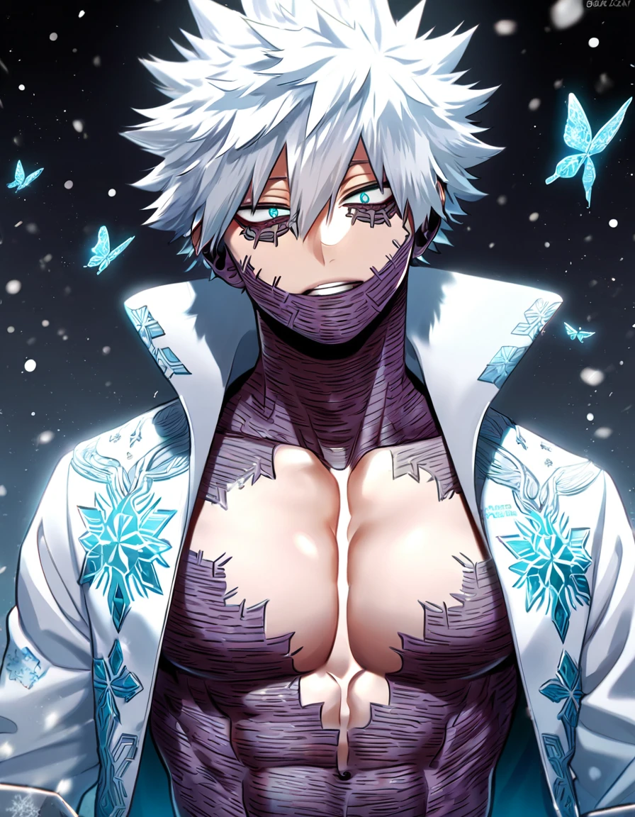 absurdres, highres, ultra detailed, HDR, master piece, best quality, Dabi, white hair spiked around his head, expressive turquoise eyes, Boku No Hero Academia, solo, sexy man, handsome, toned chest, white jacket with high collar, patterns, ice, ice butterflies, snowing, snowflakes, magical, ice flowers