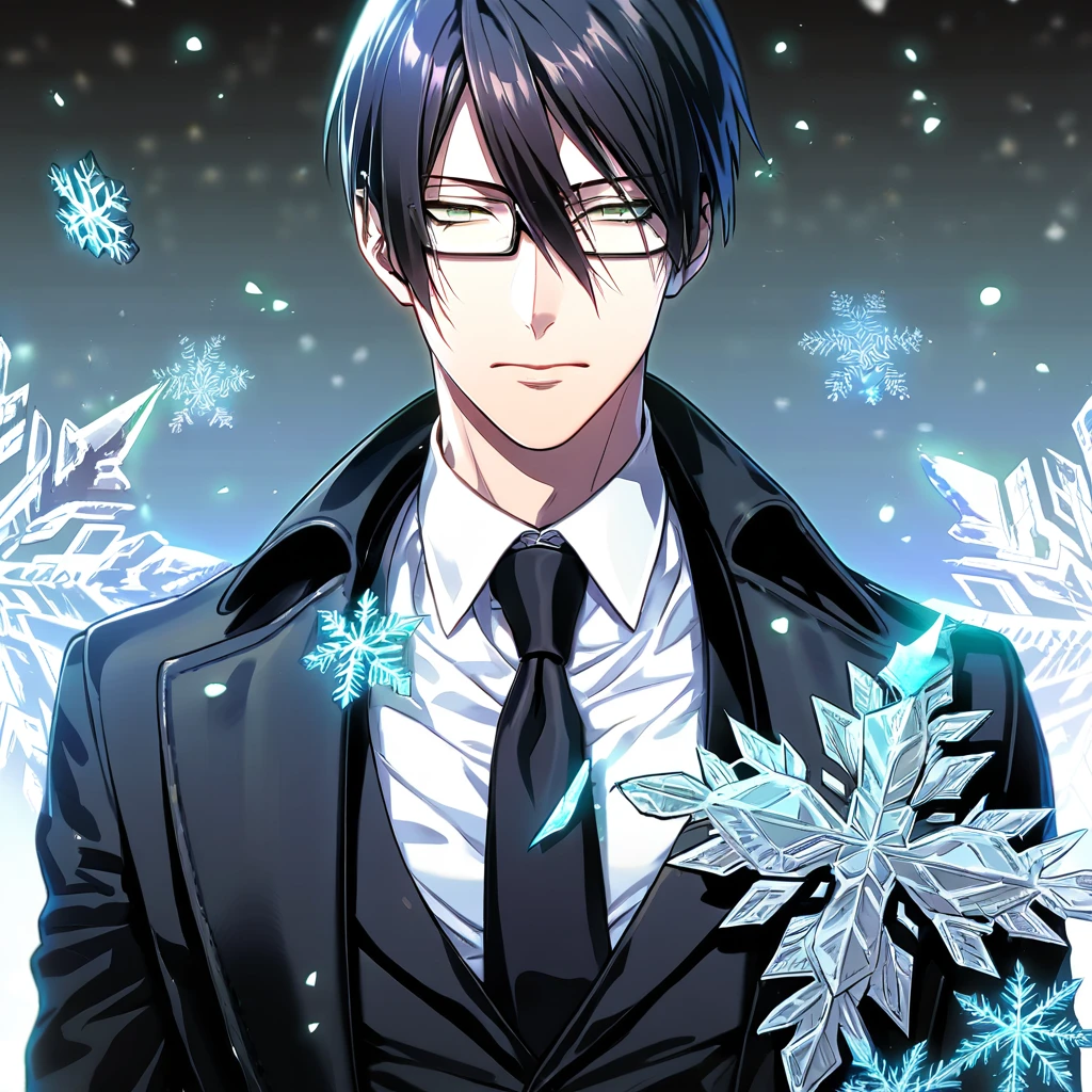 Ultra detailed, HDR, Highres, absurdres, master piece, Ginoza Nobushika, black hair, expressive green eyes, glasses, Psycho Pass, ice butterflies, winter, ice, snowflakes, white flowers, sexy man, solo, extremely detailed face and eyes, handsome, glittering, toned chest, white shirt, black coat, black necktie,