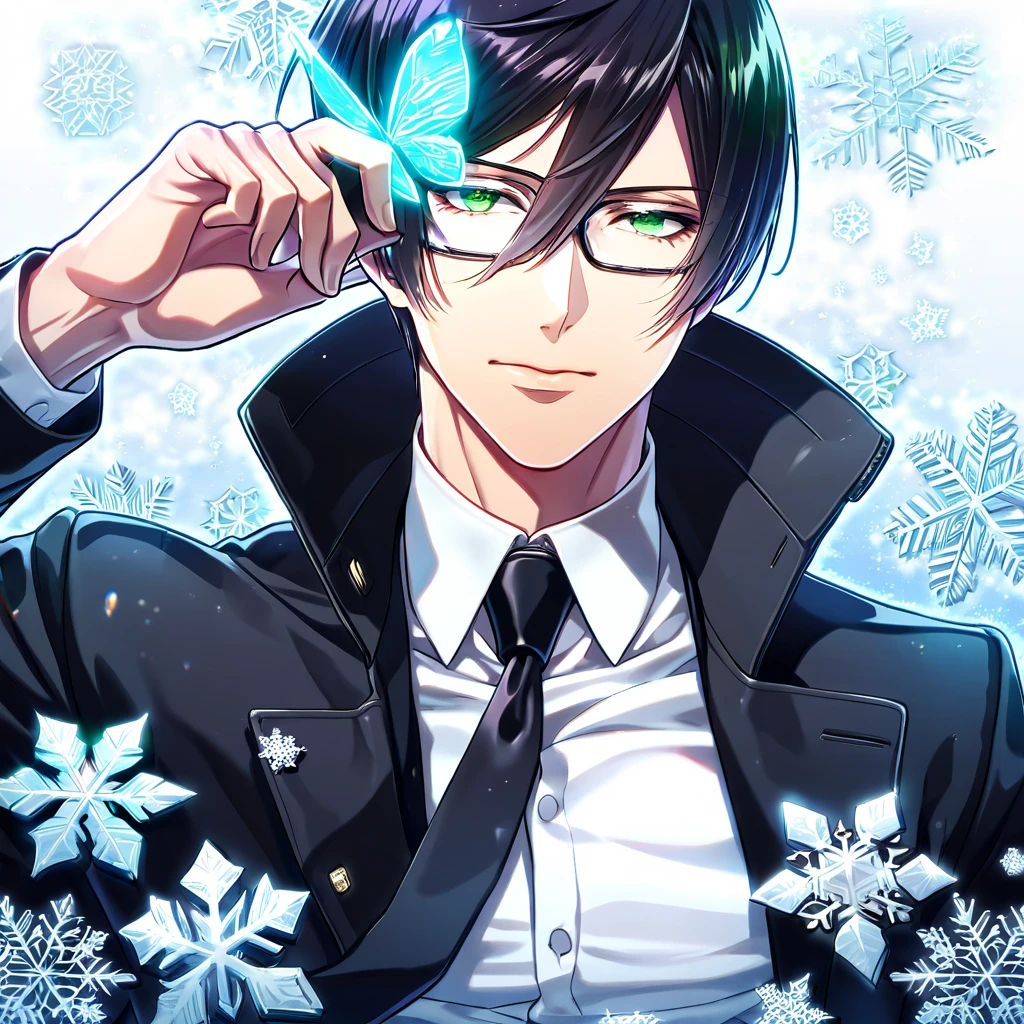 Ultra detailed, HDR, Highres, absurdres, master piece, Ginoza Nobushika, black hair, expressive green eyes, glasses, Psycho Pass, ice butterflies, winter, ice, snowflakes, white flowers, sexy man, solo, extremely detailed face and eyes, handsome, glittering, toned chest, white shirt, black coat, black necktie,