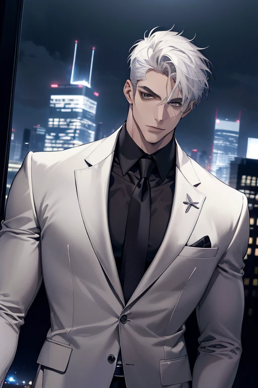(absurdres, highres, ultra detailed, realistic, ), 1 male, solo, , mature, tall muscular guy, broad shoulders, handsome, very short hair, white hair, brown eyes, angular jaw, thick neck, thick eyebrows, night, dark, the night view of the city background, formal suit, necktie, upper body