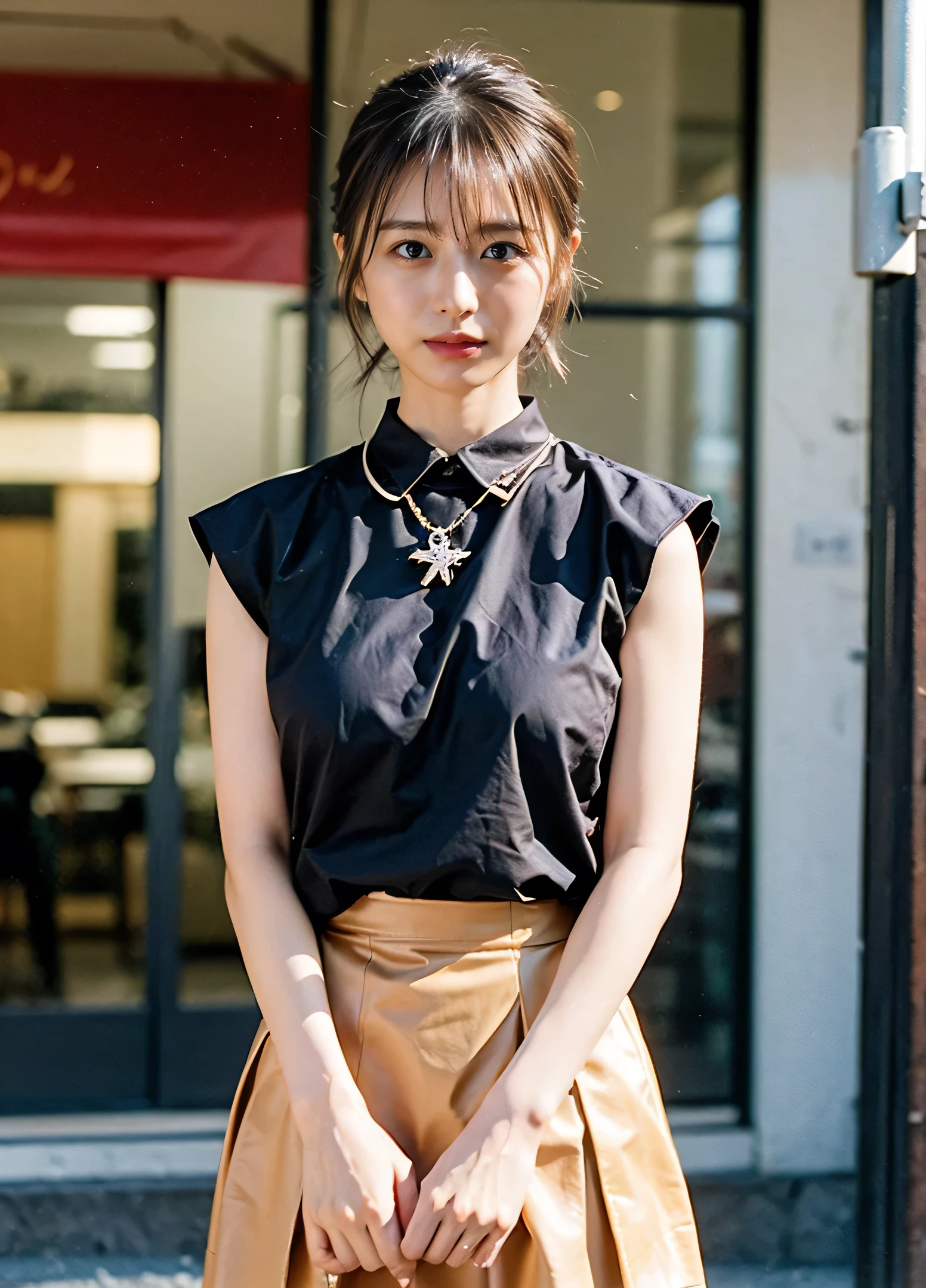 Small earrings、Cute sleeveless、Big Tits、Neon city at night、illumination、Background Blur、Leather Belt、with rufflessleeveless、Braid only the front hair、Light brown hair、Teeth grinding、{{Cowgirl Shot}}、((Close-up shot from the waist up、Big Breasts:1.4))、Breast swelling、Big Breasts、Smile、Silk clothing、Big Breasts that can be seen even through clothes、Braid only the front hair、Cowboy Shot、Gorgeous white collared silk shirt and brown skirt、Wear it elegantly、Luxury Bags、Sex in a stylish love hotel with shining illumination、A lovely smile、((Nagoya street corner))、Full body photo、ring、High-end clothing products、Short skirt、Tuck your hair behind one ear、Silver Necklace、smile、 Elegant ponytail、Caustics、Highly detailed photos、Very beautiful and ideal short hair、Big Breasts、Super no makeup、(8k、RAW Photos、highest quality、masterpiece:1.2)、(Realistic、Realistic)、1 girl、((Medium Short Hair、Looking into the camera:1.4))、Hair blowing in the wind