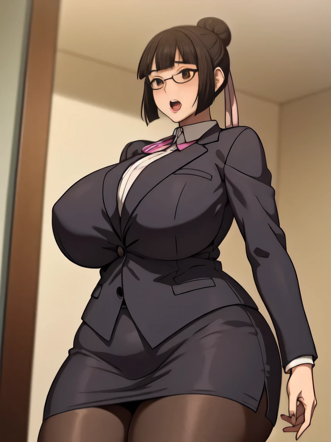 (highres, high quality:1.3), intricate details, cinematic lighting, sharp focus, depth of field,
KuroseKatsuko, 1girl, solo, mature female, looking at viewer, standing, from below, cowboy shot, complex background, park, sky, tree, city,
serious, embarrassed, blush, holding book, open mouth,
[brown|black] hair, short hair, blunt bang, hair bun, ribbon, makeup, lipstick, eyelashes, brown eyes, detailed eyes, glasses, perfect face,
suit, jacket, skirt, black pantyhose,
huge breasts, curvy, chubby, thighs, 

