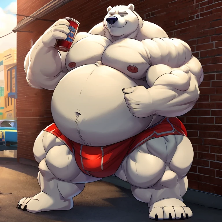 Obese muscle zootopia, character presentation, character dessing, Anatomy of character, badass, Disney Obese Polar bear in underwear, He is a Hyper Obese and Beast muscular wrestler, His muscles and belly are so big that he is a mass of muscles, His muscles are so swollen that his head looks small, he is a juice seller on the streets and sell a protein shakes to make their bodies grow and become very big, very strong and very fat just like him, 