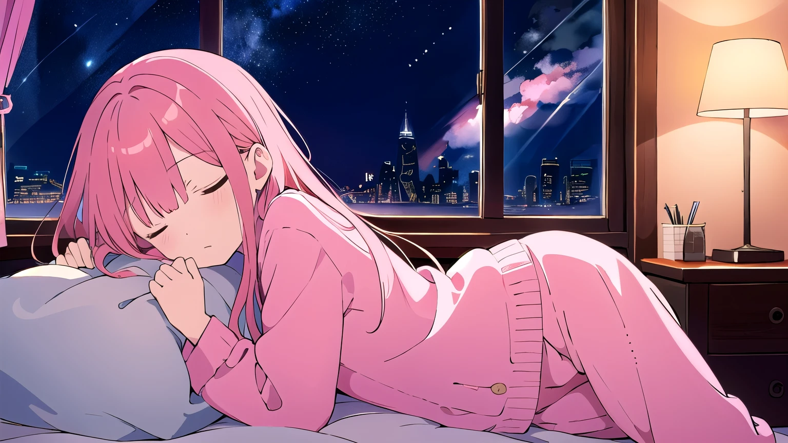 Very detailed, Detailed Background,　(highest quality, masterpiece, High resolution), One girl, Mid-chest, Pink Hair,  sexy pajamas,　long hair、　night、　Starry Sky、　Dimly lit room、　Moonlit room、　Sleeping at your desk、　