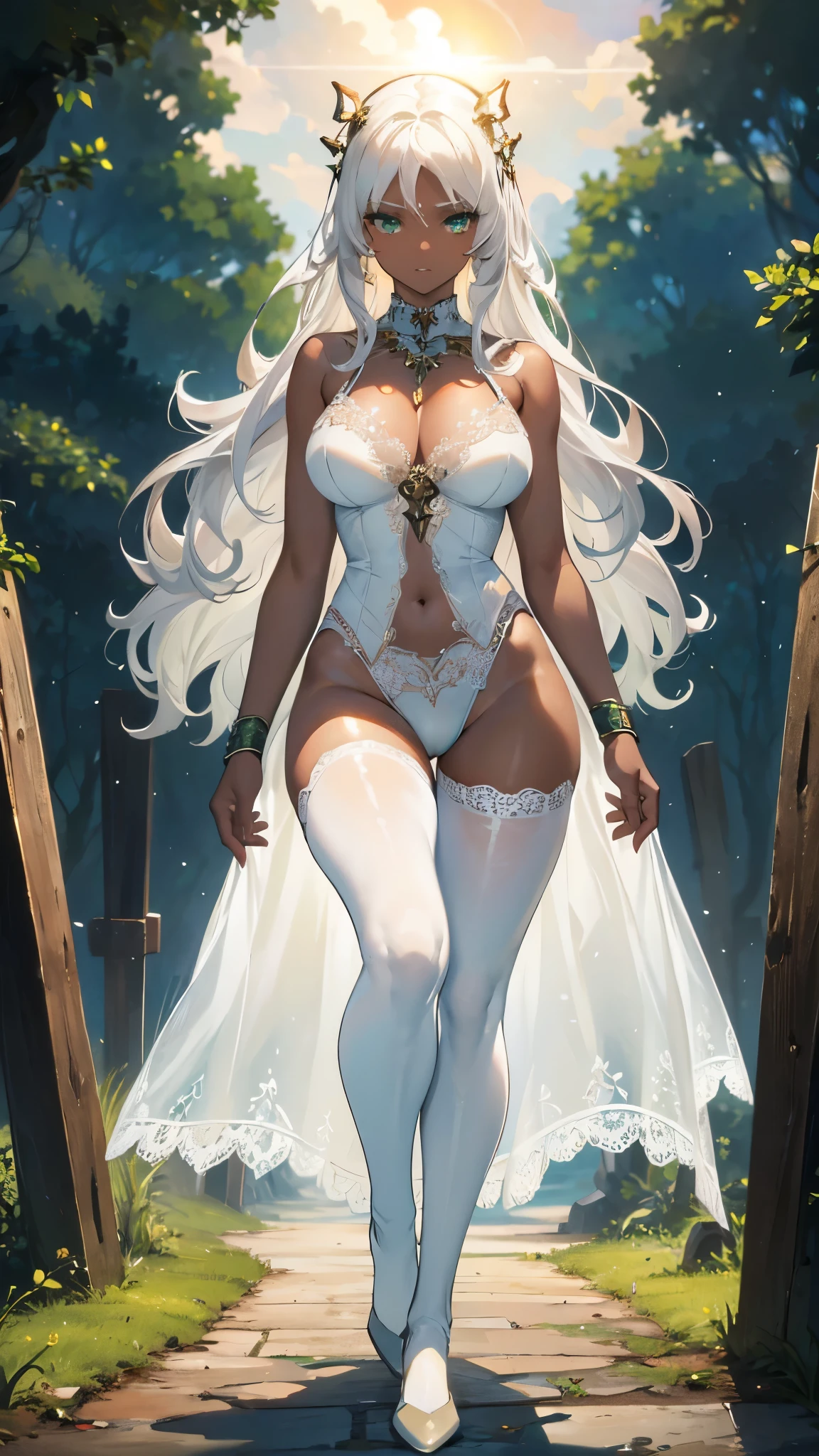 ((masterpiece, best quality)), Detailed face,warrior,Full body painting,Perfect body proportions,Large Breasts,Long legs,dark skin,White hair,Green Eyes,Long wavy hair,beautiful eyes,Fantasy style,extremely beautiful,White background,sun,Holy Light,outdoor,transparent,Sexy Lingerie,Lace,Pantyhose,exposed,Star decoration