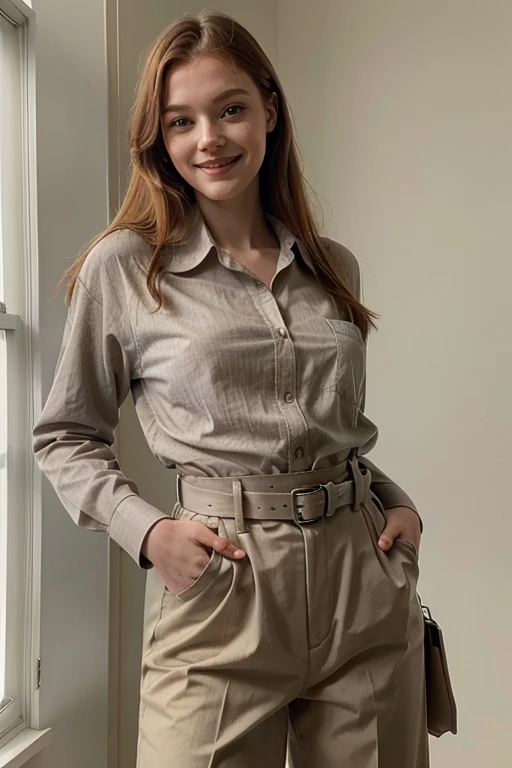 Freya Ridings wearing a gray long sleeve shirt tucked in with beige belted pants smiling