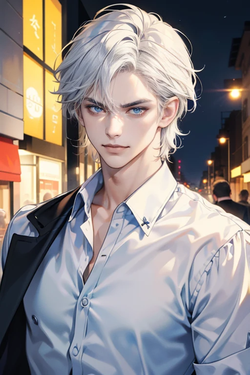 (tmasterpiece, high resolution, ultra - detailed:1.0), (1 boy, Young male, masculine face), Perfect male body, tall and strong, Adult male, Delicate eyes and delicate face, Extremely detailed CG, Unity 8k wallpaper, Complicated details, Detailed face, (white hair, messy hair, serious faces, white shirts,Bad students), (frown,evil smile:1.3), Outdoor, (Street at night), street style, color difference, Depth of field, dramatic shadow, Ray tracing, Best quality, Cinematic lighting, offcial art,Portrait