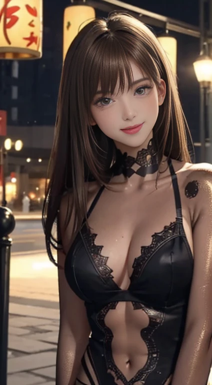 ((Realistic lighting, highest quality, 8k, masterpiece: 1.3)), Clear focus: 1.2, 1 girl, Perfect body beauty: 1.4, Slim Abs: 1.1, ((Dark golden hair, : 1.3)), (Finished with body paint,Dark brown transparent Seigaiha pattern silk lace queen: 1.4), (outside, Night view: 1.1),Chinatown,Yokohama,Body Paint Dresses, whole body, Long legs, Highly detailed face, Beautiful Eyes, double eyelid,Cute Smile