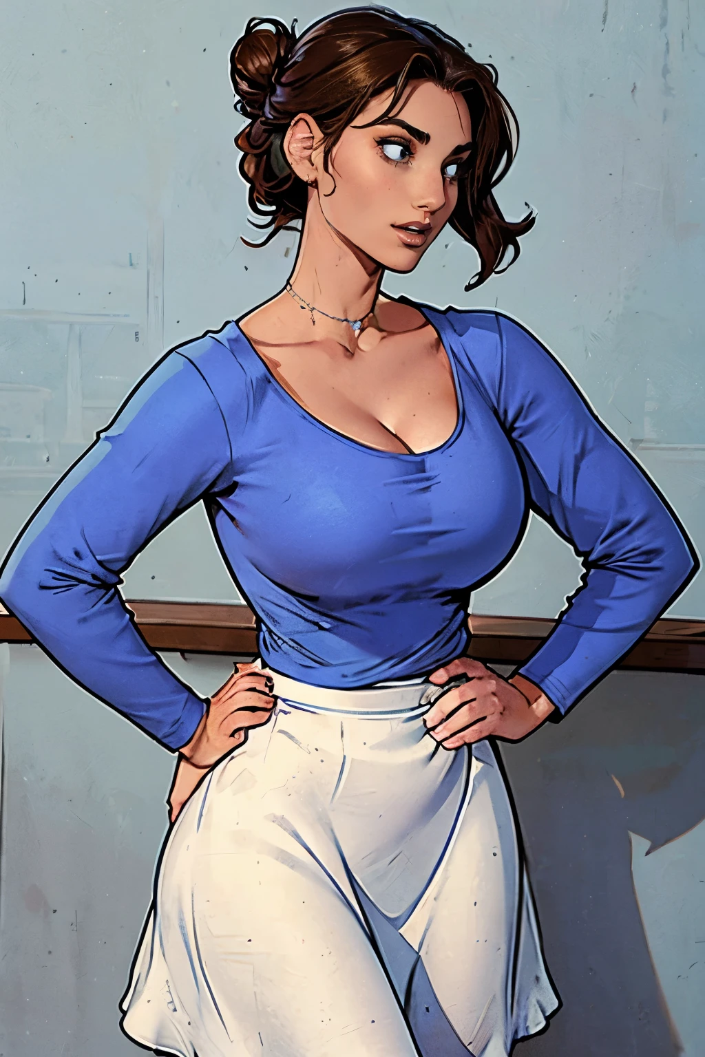 Gorgeous and sultry busty athletic (happy) brunette with sharp facial features, athletic bun, large breasts and a (large nose) wearing a loose light blue top, low-cut wide neck, loose sleeves, white skirt