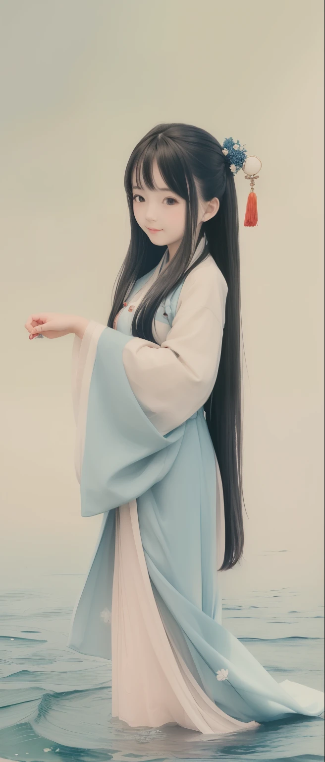 ((4k,masterpiece,best quality)), shuimobysim, traditional chinese ink painting, lotus, hanfu, maxiskit, dress conservatively
1girl, solo, long blue hair, smile, standing, feet in the water, barefoot,