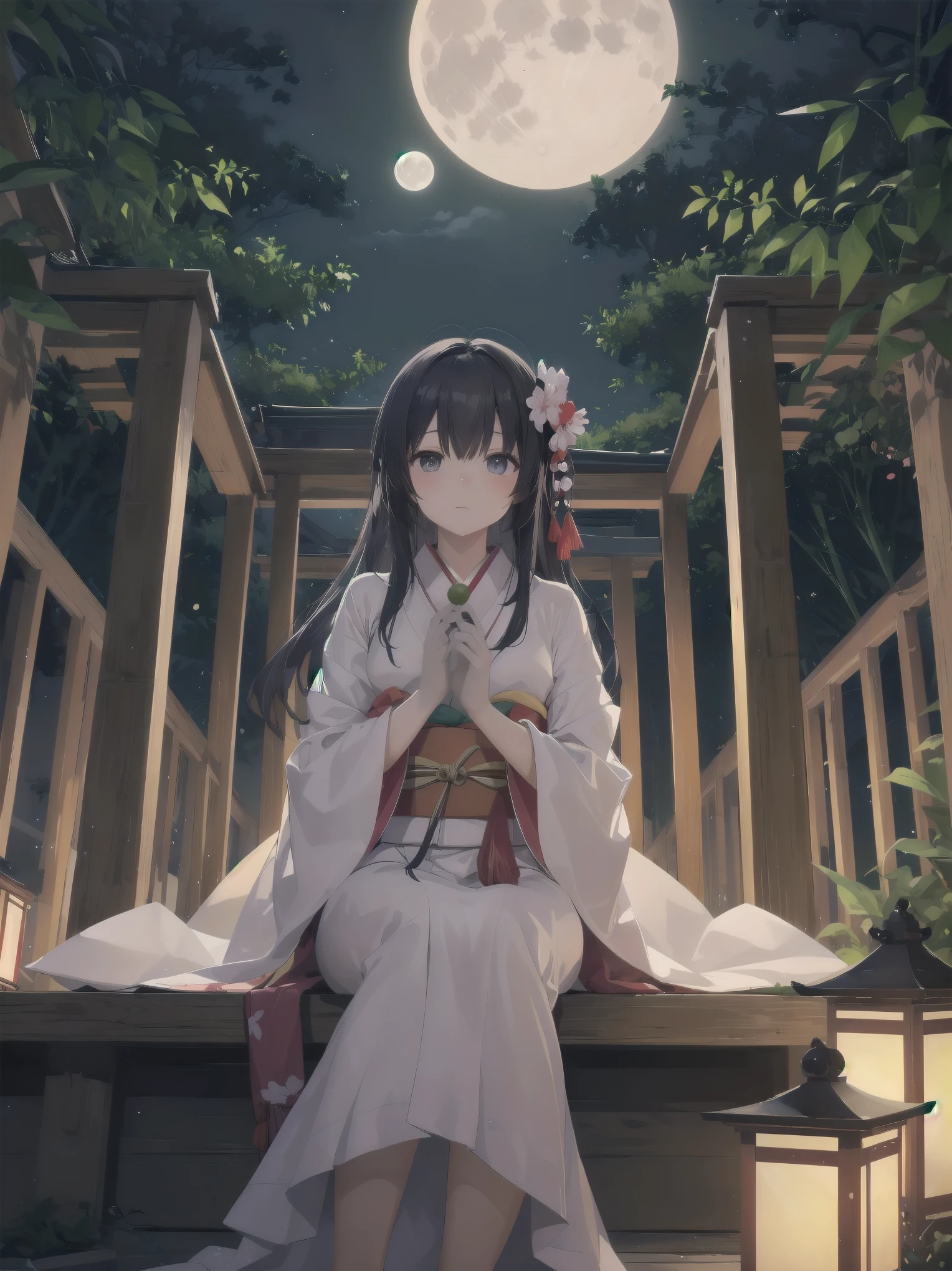(full moon and girl, kimono, tsukimi dango, looking at the moon on the porch) As the full moon twinkles in the night sky, a young girl in kimono sits on the porch, quietly looking up at the moon while holding a tsukimi dango in her hand. The shades of her kimono reflect the moonlight, making her even more beautiful in the quiet night. The full moon is large in her eyes and the silence of the night is pleasant. The bamboo grove in the garden rustles in the wind, and a peaceful moment flows through her mind.