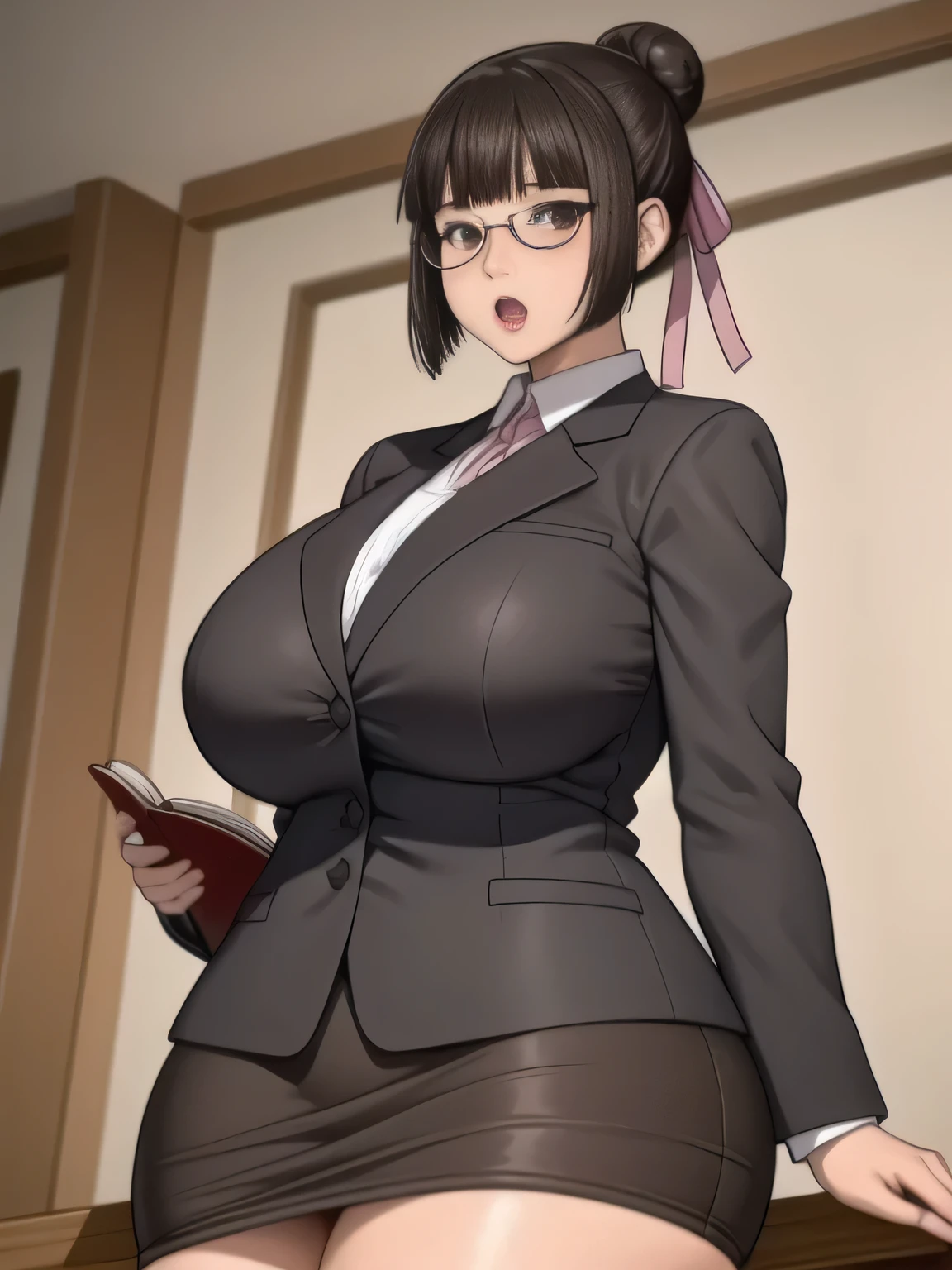 (highres, high quality:1.3), intricate details, cinematic lighting, sharp focus, depth of field,
KuroseKatsuko, 1girl, solo, mature female, looking at viewer, standing, from below, cowboy shot, complex background, park, sky, tree, city,
serious, embarrassed, blush, holding book, open mouth,
[brown|black] hair, short hair, blunt bang, hair bun, ribbon, makeup, lipstick, eyelashes, brown eyes, detailed eyes, glasses, perfect face,
suit, jacket, skirt, black pantyhose,
huge breasts, curvy, chubby, thighs, 
