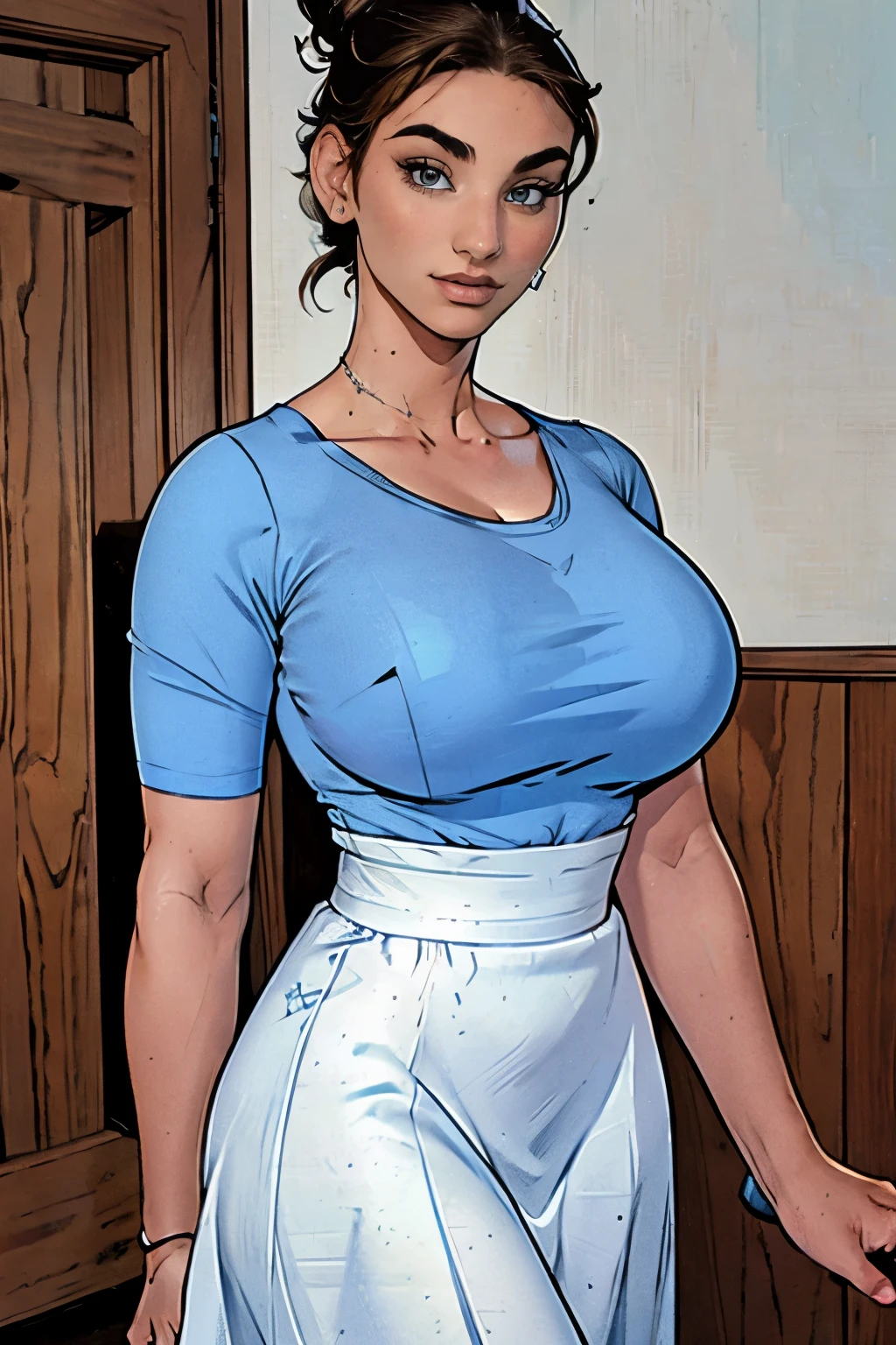 Gorgeous and sultry busty athletic (happy) brunette with sharp facial features, athletic bun, large breasts and a (large nose) wearing a loose light blue top, low-cut wide neck, white skirt