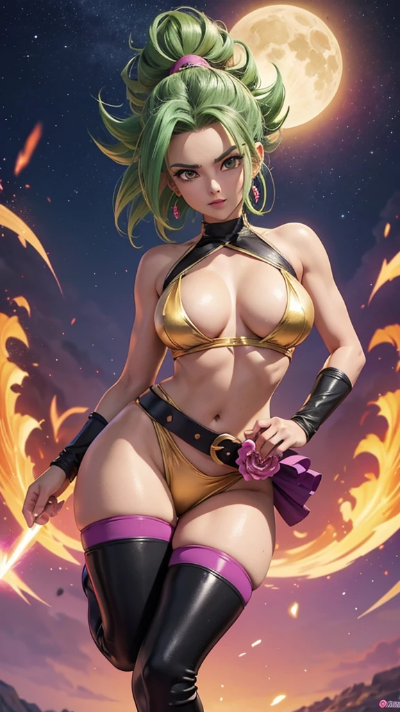 Caulifla guerrera saiyajin, dragon ball super, semidesnuda, traje iconico sexy color magenta y morado, brazaletes negros, black boots and a green belt, torneo del poder, sexy, hermosa, poderosa, abdomen tonificado, cuerpo muy delgado, skinny body, puedo vwr sus senos perfectos, nalgas hermosas y perfectas, cuerpo completo, ojos verdes, pose de combate levitando, luz resplandeciente, light energy, aura personal iluminada color dorado, fondo en el espacio con planetas y lunas brillantes, muy Realista, detalles perfectos, foto realista, 8k, natural