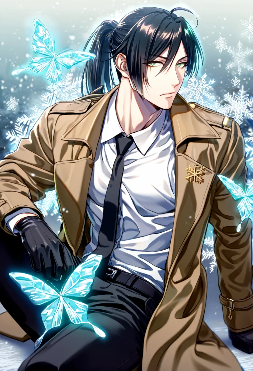 Ultra detailed, HDR, Highres, absurdres, master piece, Ginoza Nobushika, black hair tied in a ponytail, expressive green eyes, Psycho Pass, ice butterflies, winter, ice, snowflakes, white flowers, sexy man, solo, extremely detailed face and eyes, handsome, glittering, toned chest, white shirt, brown coat, black necktie, sitting, black pants, black gloves