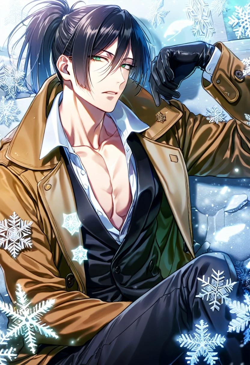 Ultra detailed, HDR, Highres, absurdres, master piece, Ginoza Nobushika, black hair tied in a ponytail, expressive green eyes, Psycho Pass, ice butterflies, winter, ice, snowflakes, white flowers, sexy man, solo, extremely detailed face and eyes, handsome, glittering, toned chest, white shirt, brown coat, black necktie, sitting, black pants, black gloves