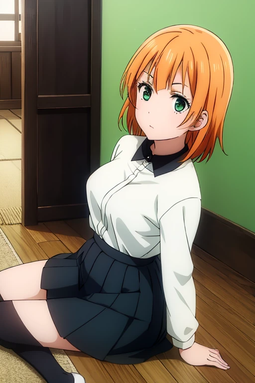 girl, solo, orange hair, green eyes, black skirt, white blouse, dark green gakuran, lighter green embroidered collar, long black socks.