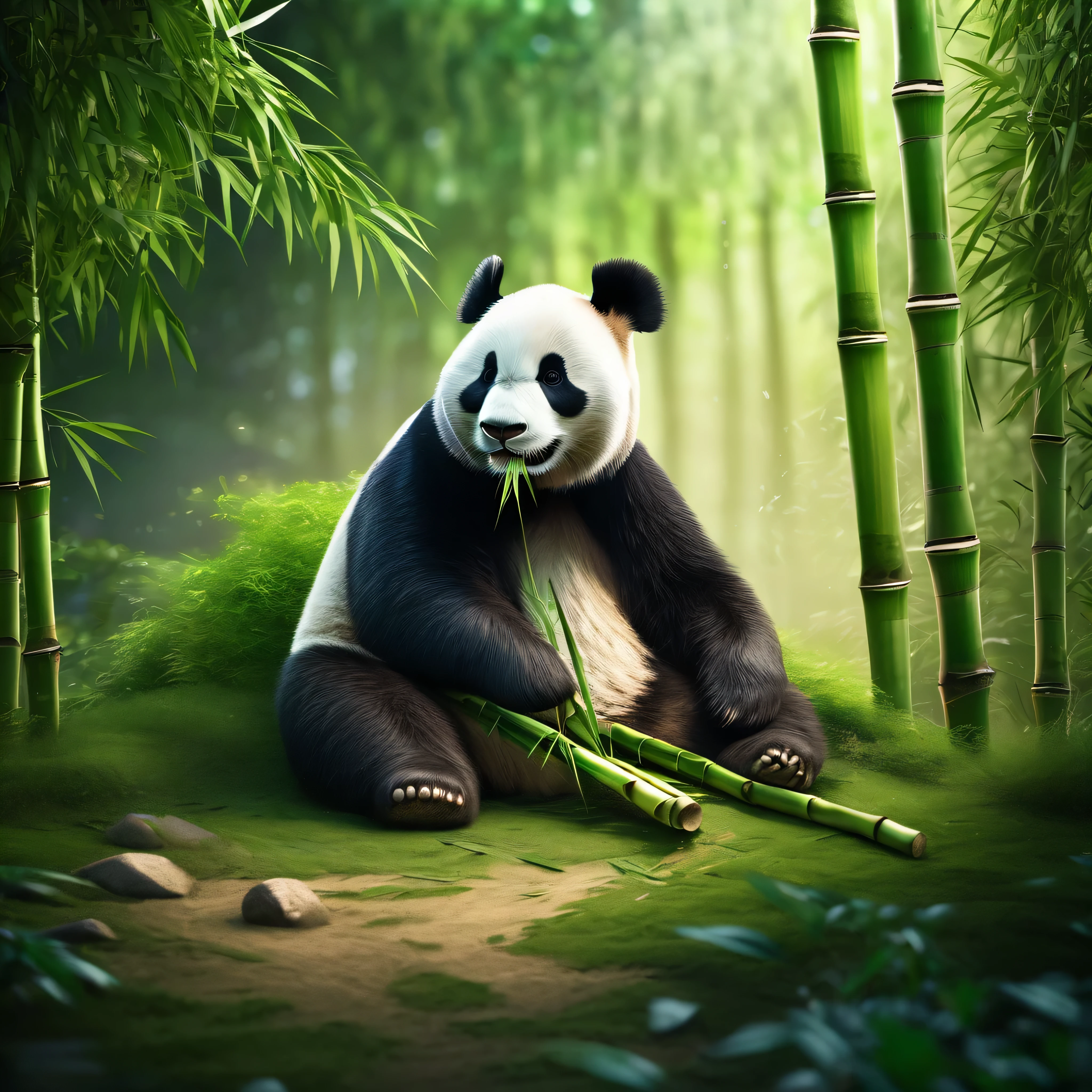 A panda sitting on the dirt floor holding bamboo, several bamboos around with green scenery, green filter in place, photorealistic, 8k, high quality, detailed, cinematic lighting, lush green foliage, intricate details, natural environment, peaceful atmosphere, environmental portrait