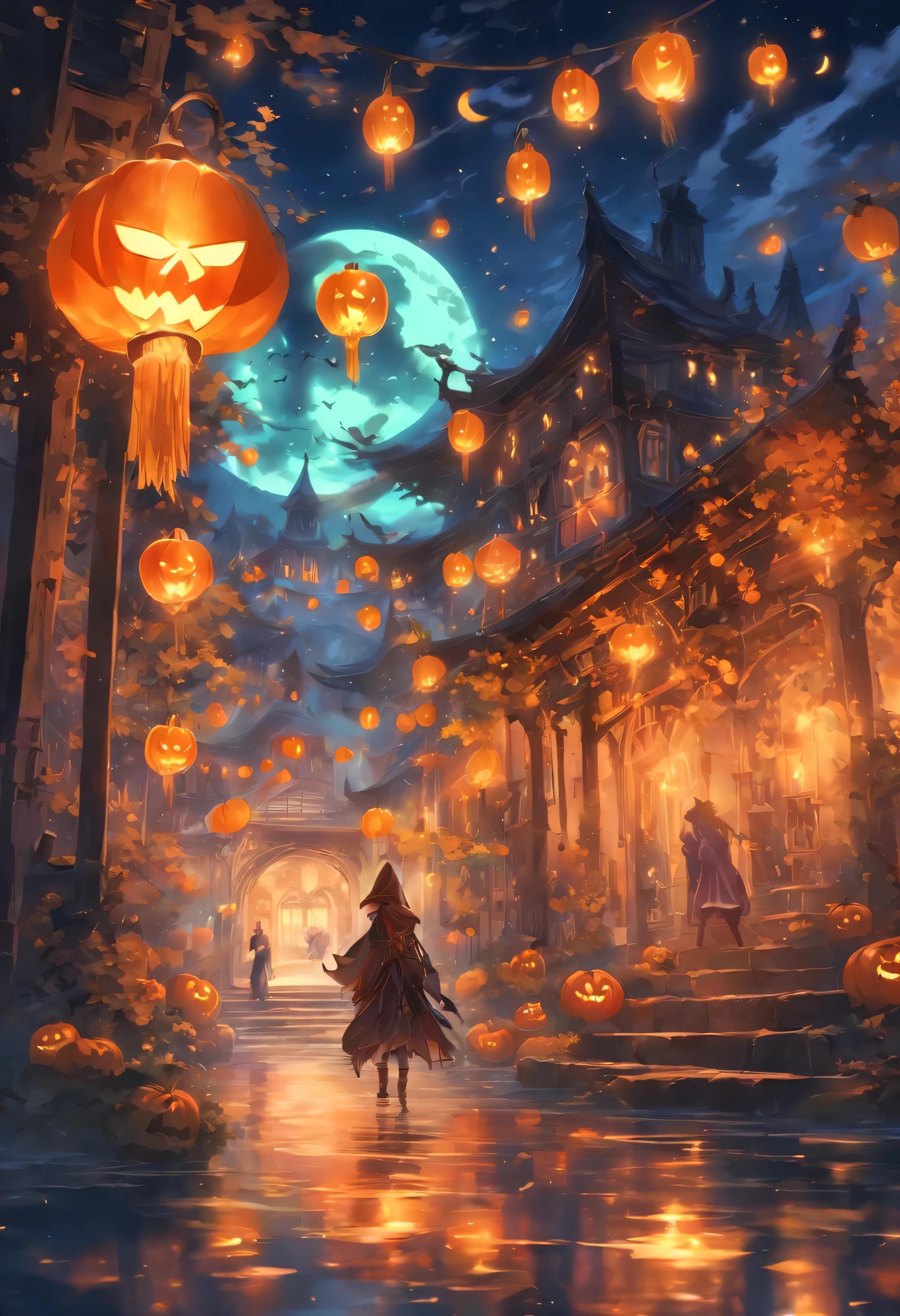 halloween Floating Lights, Cinematic light and reflections, Glowing lights, Intermediate Metaverse Elements,number, glowing reflections, think, halloween pumpkin lantern, peaceful night, Digital Illustration, Beautiful Ambience, Night skylight, Peaceful night atmosphere, pumpkin lantern, halloween, night, moon, game scene, halloween, heavily clouded, Architecture of medieval Europe, Glazed tiles, UE, Brilliant colors, There are three arches in the foreground((Color ink)), ( (Ink splash ) ), ((Ink splash) Dark})), masterpiece, high quality, Beautiful graphics, High Detail,Gorgeous