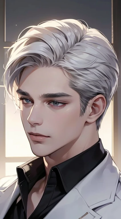 (best quality, masterpiece, 8K, photorealistic, cinematic lighting, 1:4 hdr image, top view, ultra detailed, beautiful image), a mature man, very handsome, short white hair, black eyes, perfect face without errors , (CEO)