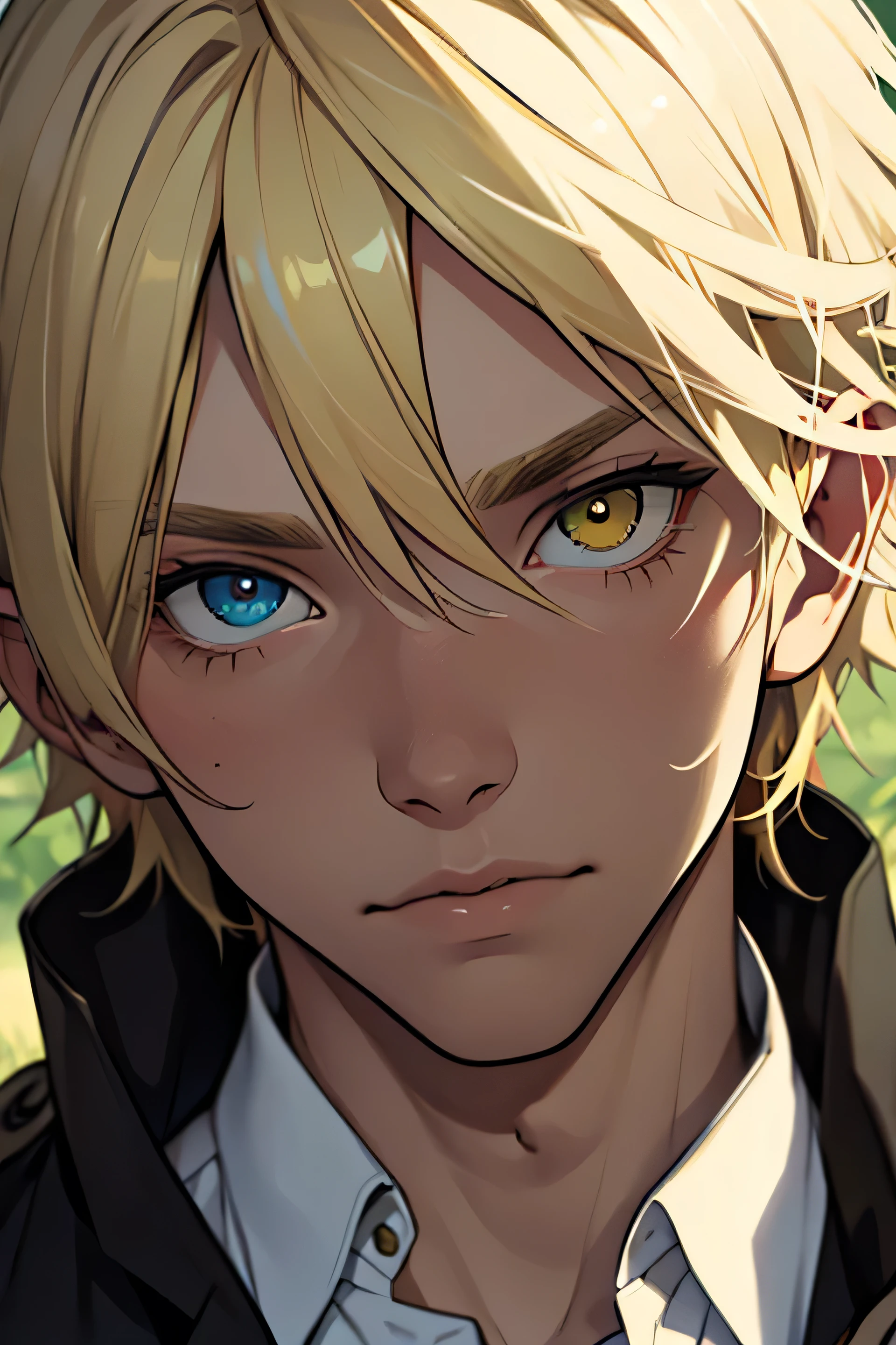 Young blond-haired man with heterochromia in the right green eye and the other left eye gold with de laureles