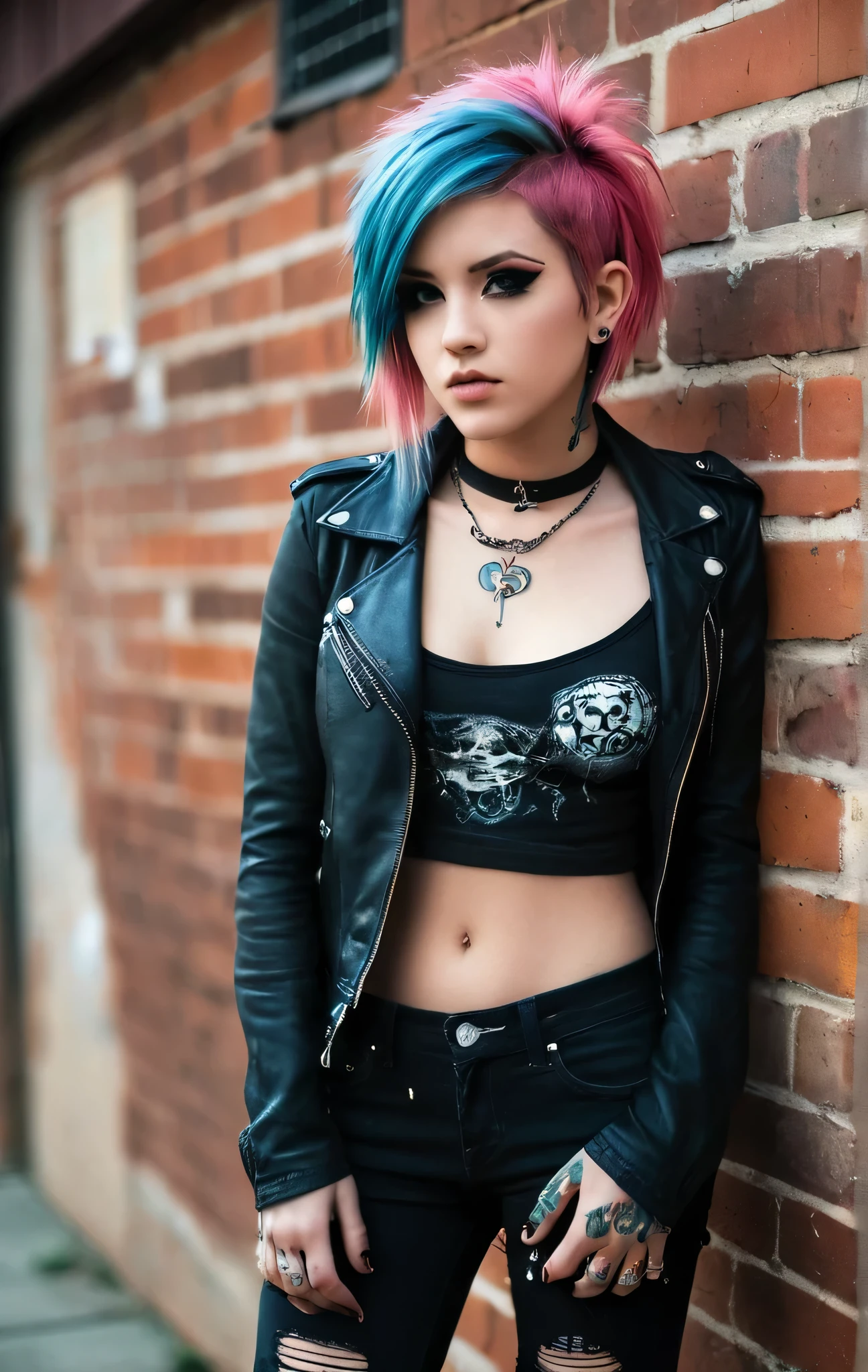 concept art thin 22 year old emo girl,multicolored hair,emo hairdo,choker collar,ripped denim jeans,tube top,natural leather jacket,leaning backwards against a brick wall,intricate details,dramatic light,RAW photography,film grain,casual photo,dynamic angle,candid pose,cleavage,intricate body tattoos,gothic earrings,emo makeup,tattoos on hips,abs,detailed skin texture,(blush:0.2),(goosebumps:0.3),subsurface scattering,body tattoos,bold colors, . digital artwork, illustrative, painterly, matte painting, highly detailed