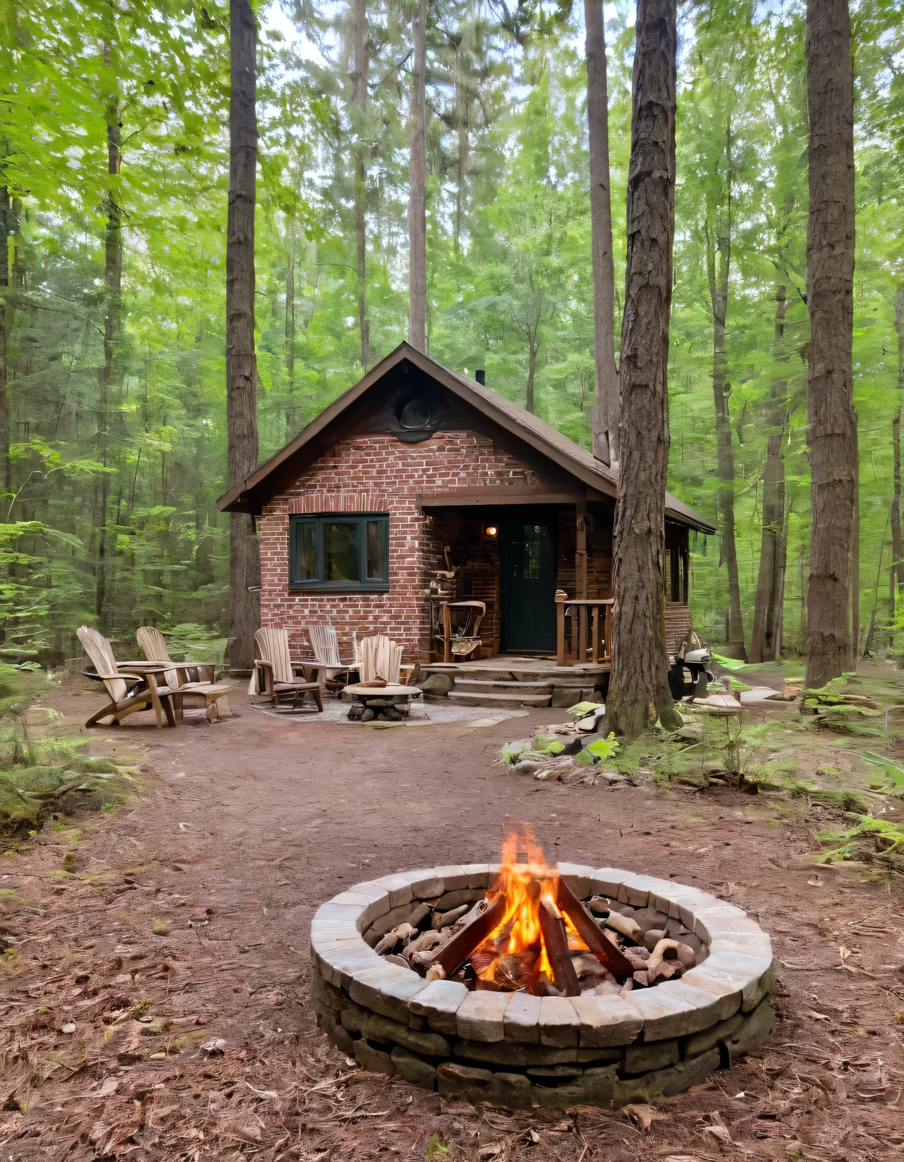 a small cabin with a fire pit in the woods, cottagecore, cottagecore hippie, cottagecore!!, cottage in the woods, cozy place, cottage in the forest, cabin in the woods, house in forest, nestled in a forest, cozy setting, cottage hippie naturalist, a brick cabin in the woods, cozy environment