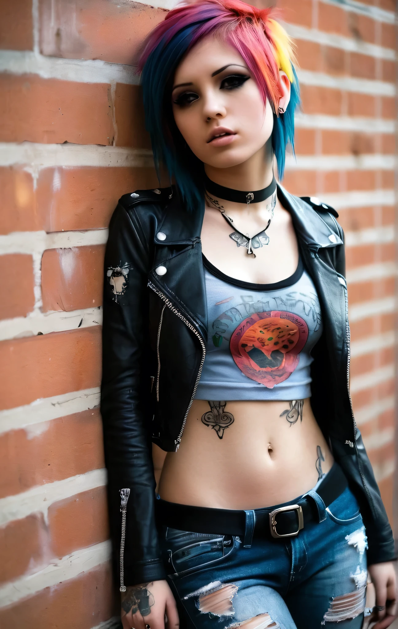 concept art thin 22 year old emo girl,multicolored hair,emo hairdo,choker collar,ripped denim jeans,tube top,natural leather jacket,leaning backwards against a brick wall,intricate details,dramatic light,RAW photography,film grain,casual photo,dynamic angle,candid pose,cleavage,intricate body tattoos,gothic earrings,emo makeup,tattoos on hips,abs,detailed skin texture,(blush:0.2),(goosebumps:0.3),subsurface scattering,body tattoos,bold colors, . digital artwork, illustrative, painterly, matte painting, highly detailed