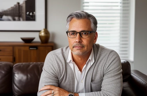 
 a handsome man, 48 years old, gray hair, brown eyes, wears glasses, is sitting, in the background there is a beautiful living room, he is in front, well dressed