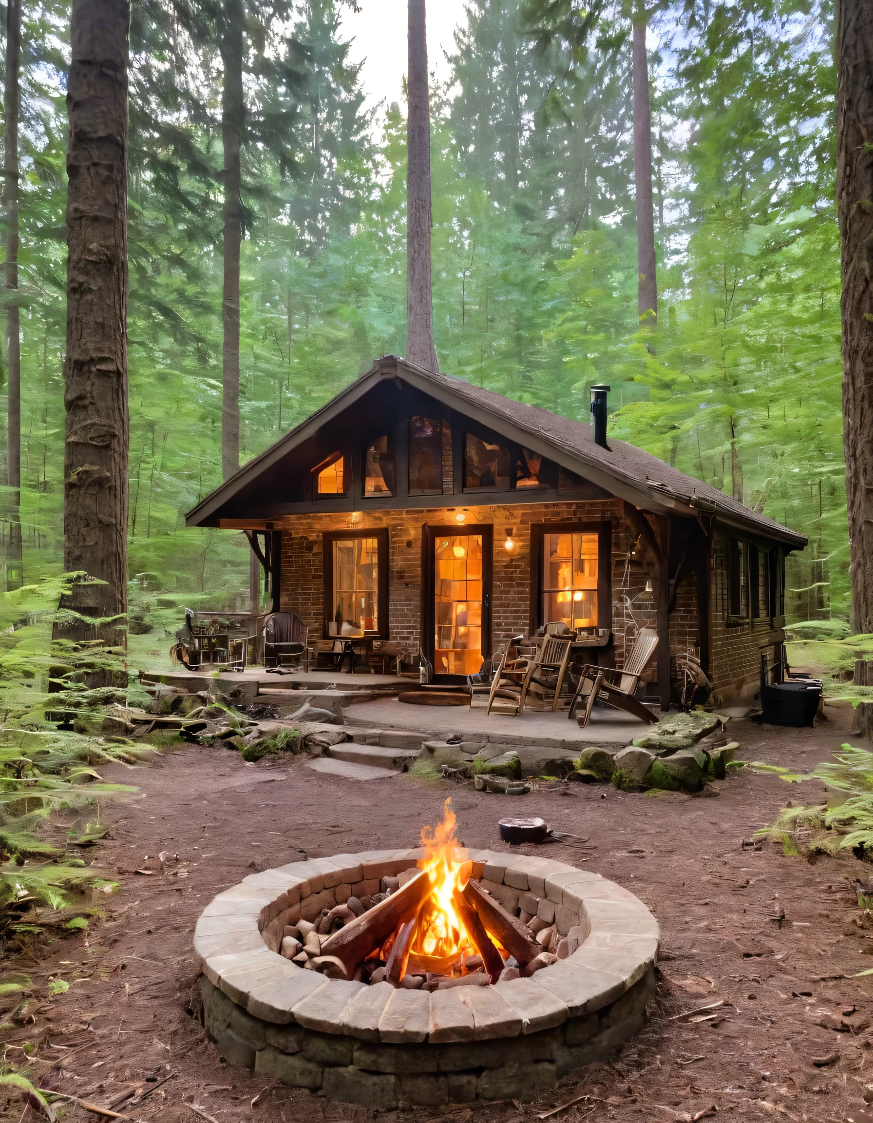 a small cabin with a fire pit in the woods, cottagecore, cottagecore hippie, cottagecore!!, cottage in the woods, cozy place, cottage in the forest, cabin in the woods, house in forest, nestled in a forest, cozy setting, cottage hippie naturalist, a brick cabin in the woods, cozy environment