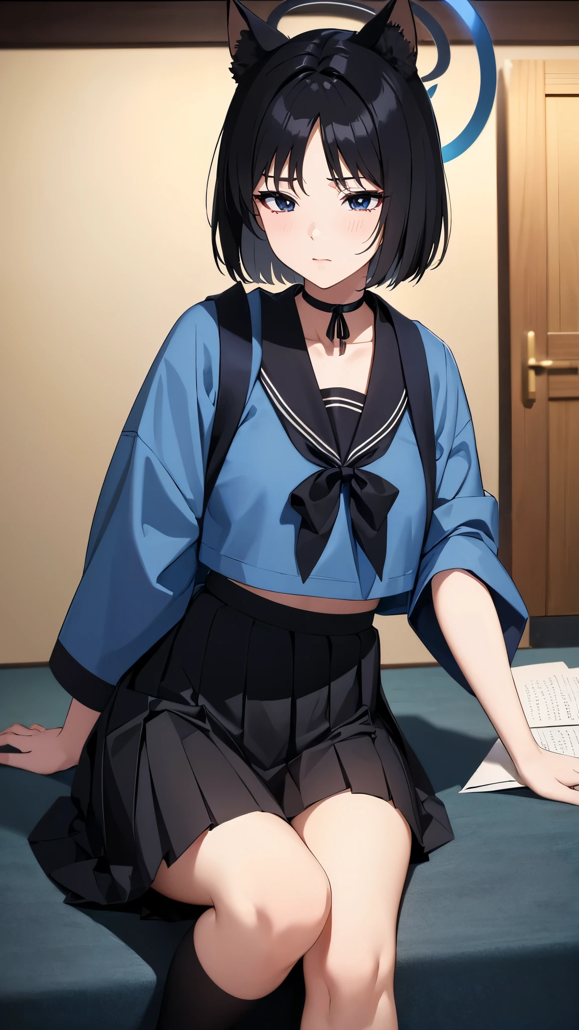 ((8K resolution))、((highest quality))、((masterpiece))、((Very detailed))((((dramatic))), (Anatomically correct)、The depth of the object to write、front、one person、kikyou, short hair, animal ears, black hair, halo, blue halo, , serafuku, sailor collar, choker, black eyes, skirt, pleated skirt, black skirt、night、Fantasy、Japanese style