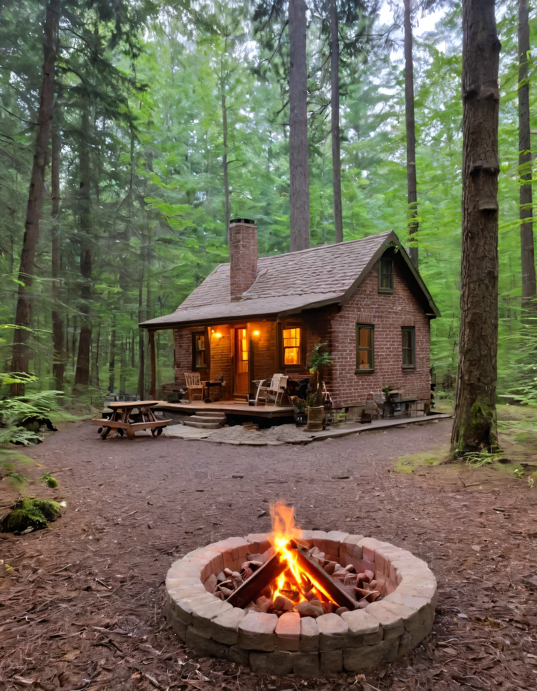 a small cabin with a fire pit in the woods, cottagecore, cottagecore hippie, cottagecore!!, cottage in the woods, cozy place, cottage in the forest, cabin in the woods, house in forest, nestled in a forest, cozy setting, cottage hippie naturalist, a brick cabin in the woods, cozy environment