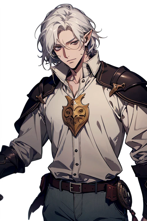 (excellent quality), (high resolution), (absurdreasterpiece) ((man)), (male), half elf, white hair, disheveled hair, ((paladin)), ((shirt, pants)), character looking at the camera, detailed face, ((medieval)), ((bang)), (((simple clothes))), portrait, small eyes, traveled warrior