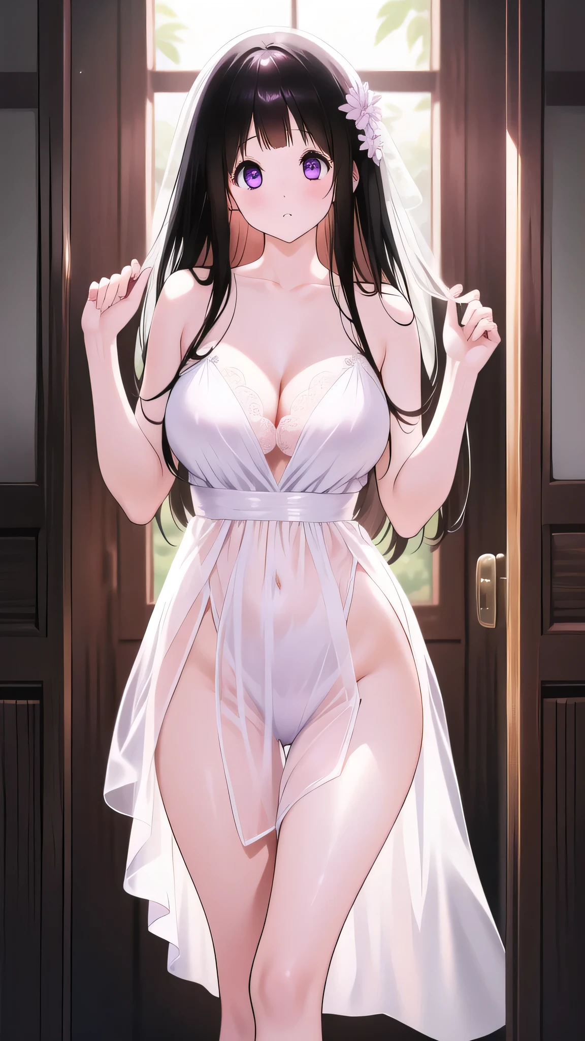 Amazing Chitanda, There is only one beautiful girl,Purple Eyes, Black Hair, Very red face,Very white skin,Glowing skin,Skin as delicate as porcelain,Naturally straight hair, Straight bangs,Extremely refined,Open lips,Long flowing hair,Beautiful Girl, Like a dream,Slim,Slim waist,Soft, (Sensual), (Kawaii), Dream quality,Beautiful big breasts,Areola,Completely naked,Wearing a transparent wedding dress,Flower decoration,Deep V neckline,Loose neckline,Wide neckline,in the locker room,window,Full-length lens,Raise your hands,Show armpit,armpit,Light transmission,no pants,pussy juice,Bare shoulders,Bare neck,Exposed collarbone,Exposing breasts,Exposing breasts side,Show your waist,Show your buttocks,Show your thighs,Exposing the groin,No pants,extremely shy,Ultra-high resolution, (masterpiece:1.2, best quality), (Delicate and beautiful eyes: 1.2), (Beautiful and delicate face)