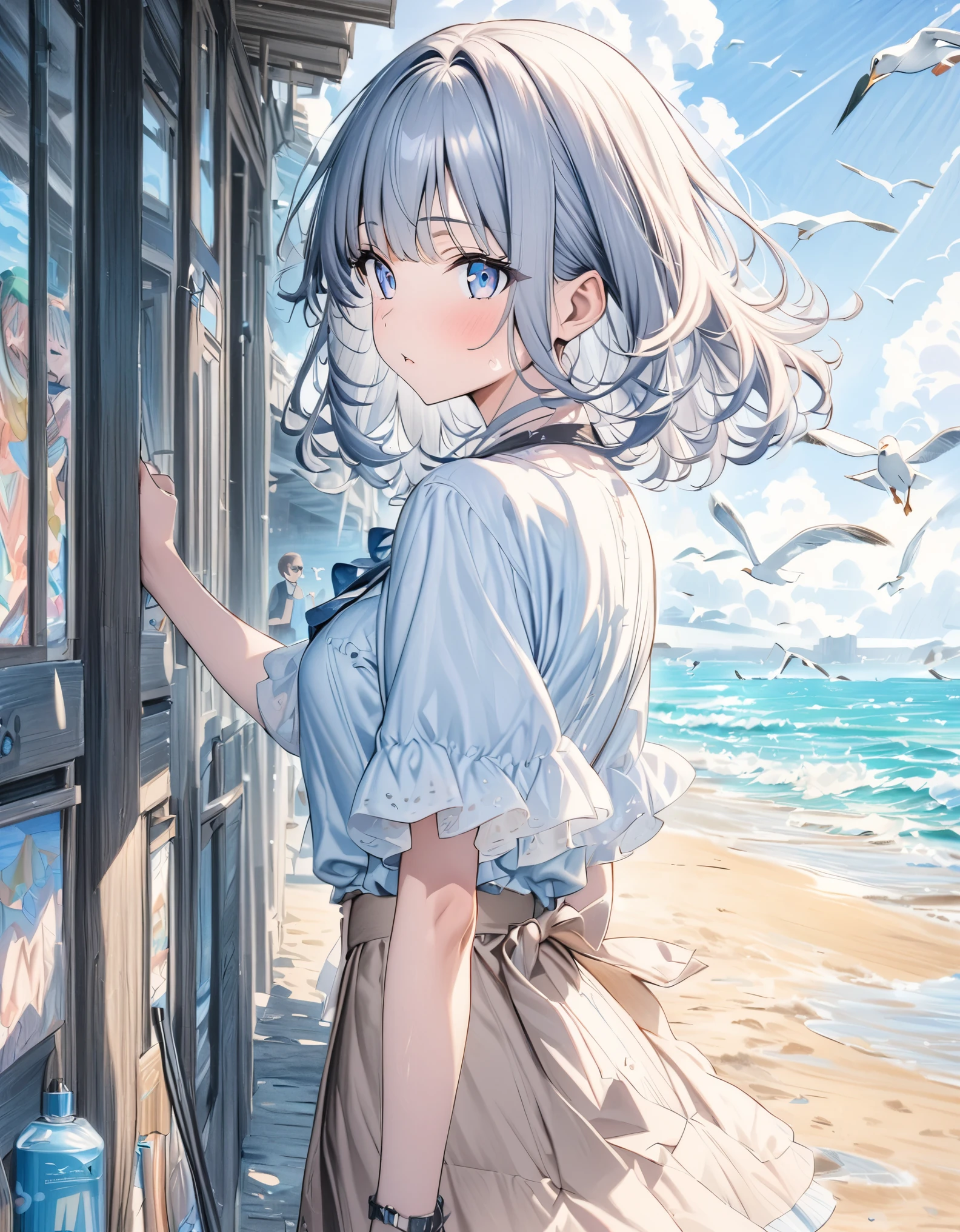 ((style:colored pencil,Pale colors)),(anime)、(masterpiece:1.2),Seaside、Girl watching seagulls、Summer sunshine、Sandy Beach、Embankment