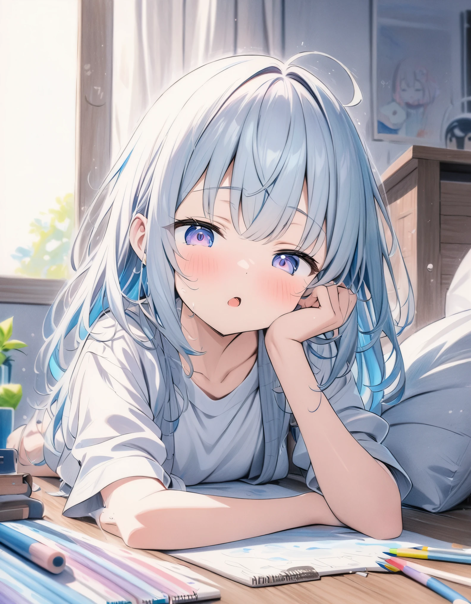 ((style:colored pencil,Pale colors)),(anime)、(masterpiece:1.2),Inside the room、Waking up、Yawn、Girl with bedhead、cute、Asahi、I'm sleeping.、Yuru face
