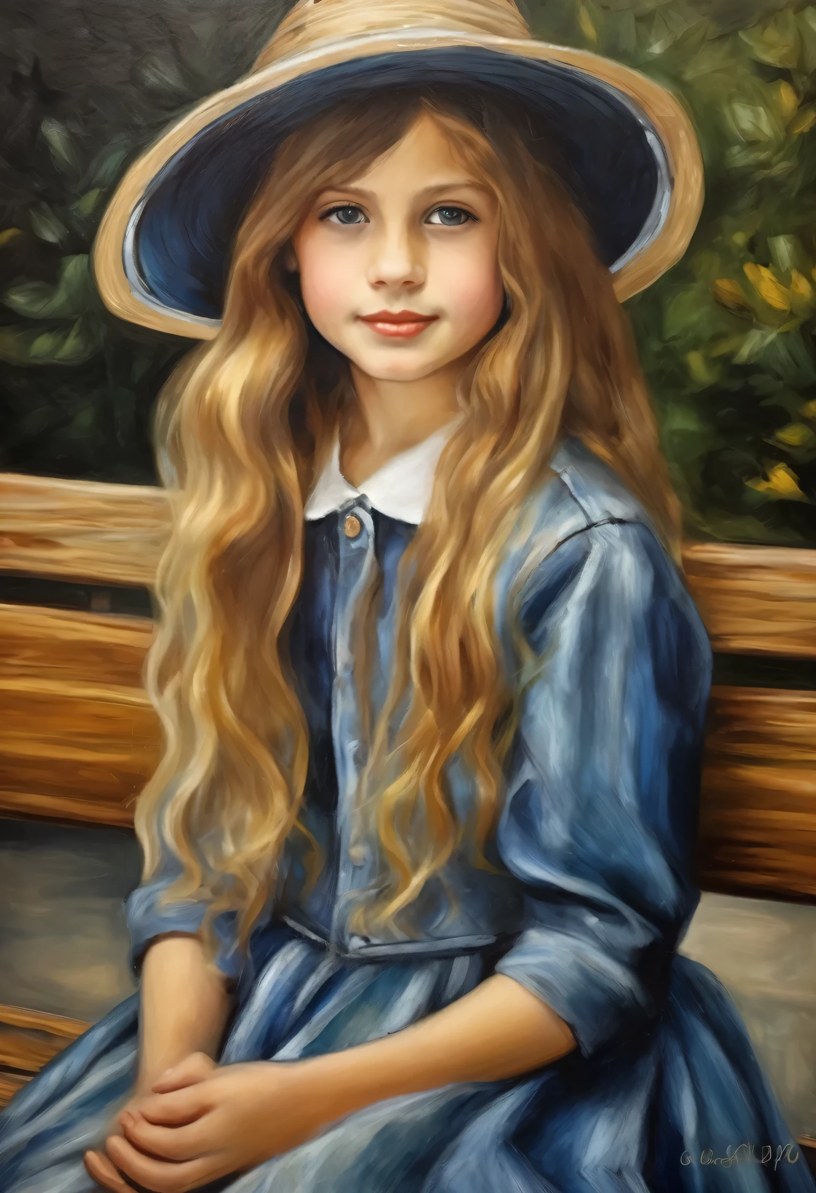 oil painting of a beautiful and perfect , 6 anos, sitting on a bench in a square, segurando uma boneca, ela veste um vestido jeans, and a hat, bem detalhado, rosto perfeito, obra prima, leonardo da vinci, chirico, renoir, alta qualidade.