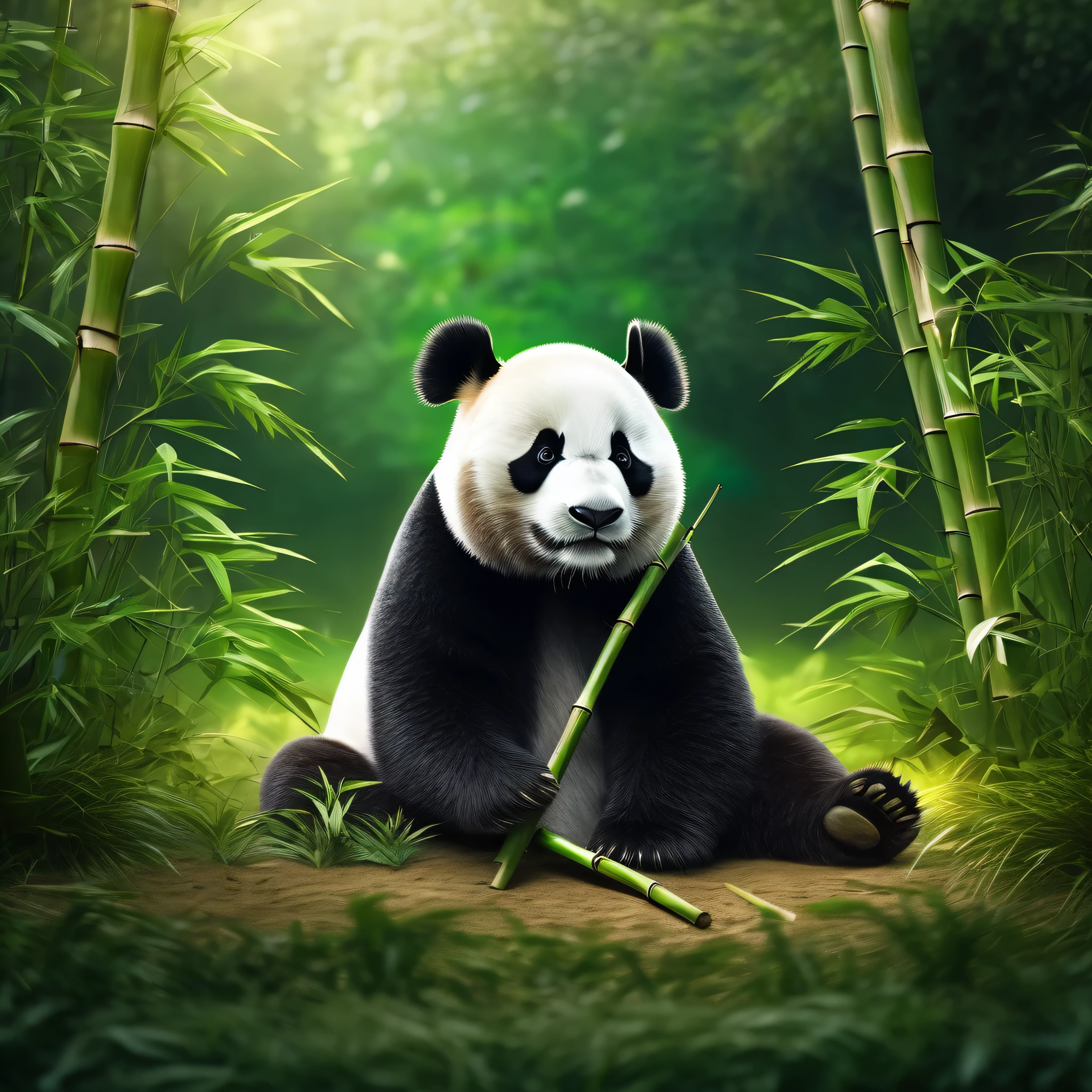 A panda sitting on the dirt floor holding bamboo, several bamboos around with green scenery, green filter in place, photorealistic, 8k, high quality, detailed, cinematic lighting, lush green foliage, intricate details, natural environment, peaceful atmosphere, environmental portrait