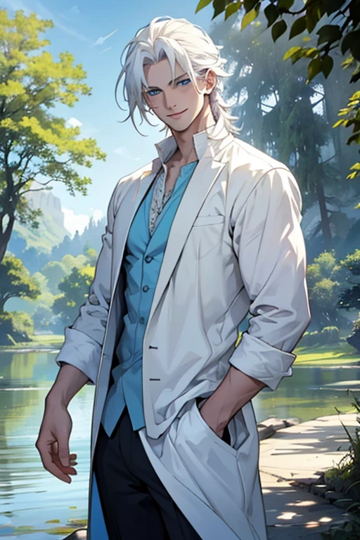 Make a very handsome man, young, thin, pale, long white hair, blue eyes. Wearing white casual clothes. Standing under a tree near a lake. Eyes shining, in the light of day. Smiling.