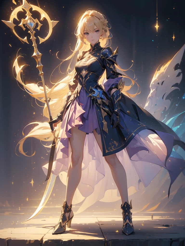 Design a layout showcase Gaming character, (1girl). Golden+Purle clothes, stylish and unique, ((showcase weapon:1.4)), magic staff, (masterpiece:1.2), (best quality), 4k, ultra-detailed, (Step by step design, layout art:1.5), (luminous lighting, atmospheric lighting), magican, ((glove full hands)), (((revealing clothes:1.3))), vambraces, armored legwear, (((full_body_shot:1.4)))