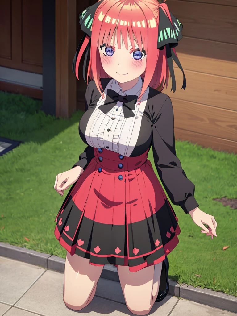 best quality, ultra-detailed masterpiece, anime art style, cute characters, nino nakano, breasts, blush, smile, full body, uniform