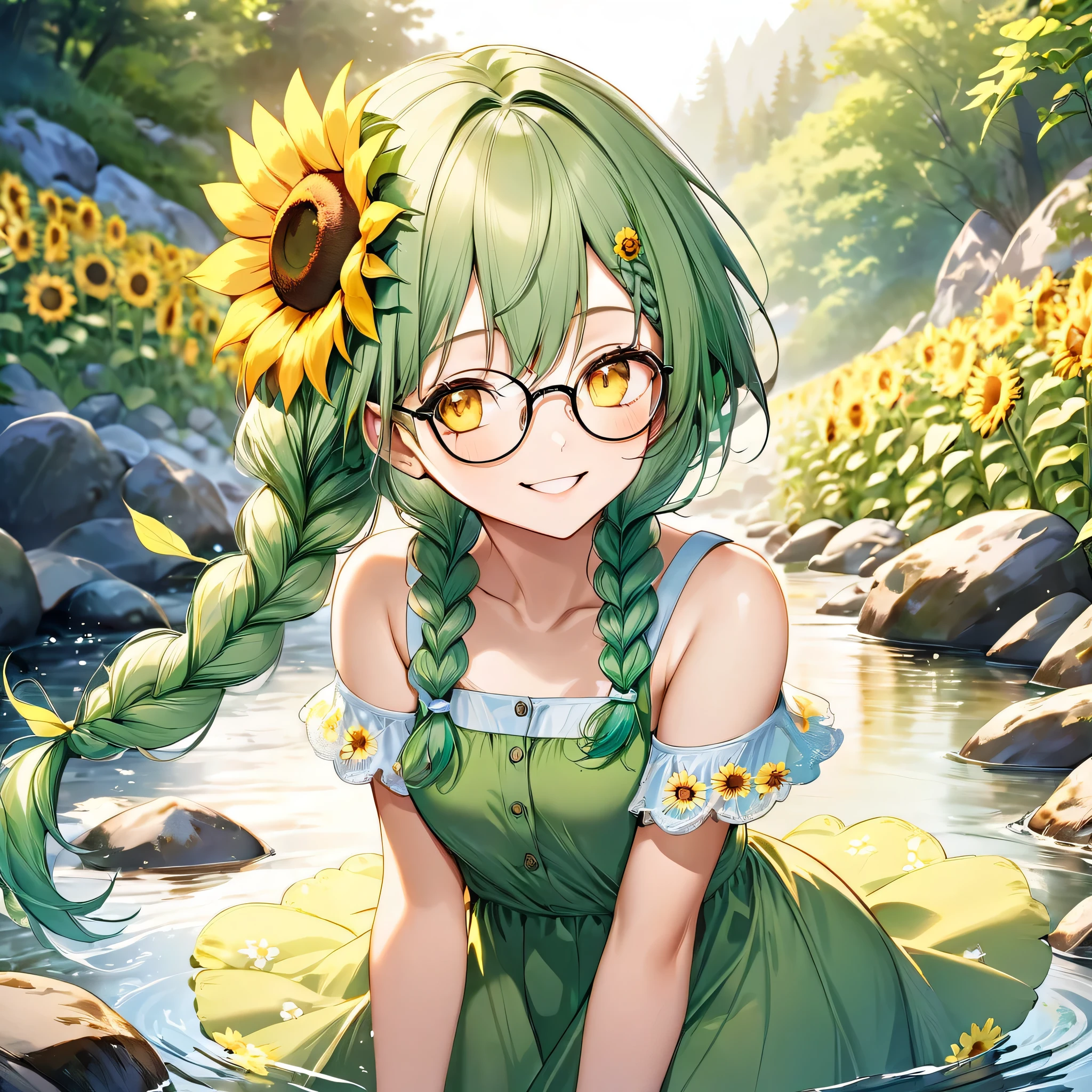 (solo Braid green hair long hair cute girl, cute yellow eyes, happy smile, glasses, 15 yo), (in a summer one piece dress with Sunflower embroidery), BREAK, (in the Mountain stream park), perfect anatomy, masterpiece, best quality, 16k.