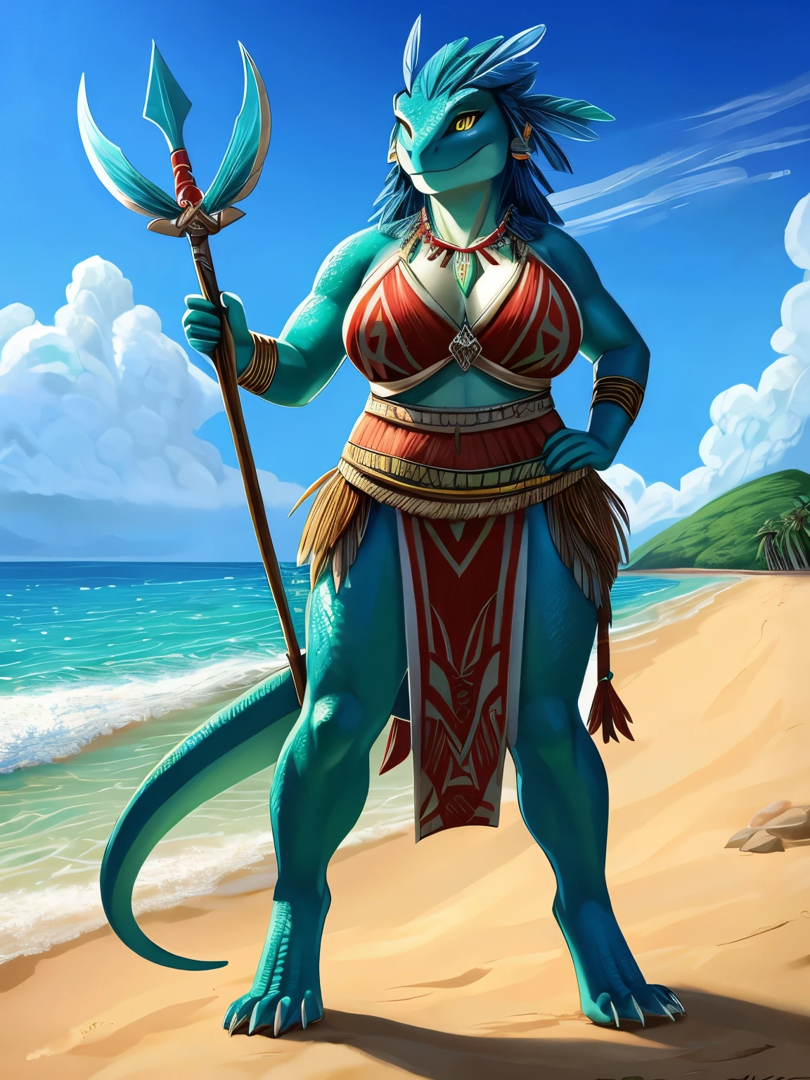 female, lizard, beautiful chubby body, sea green and blue scales, blue feather hair, beach, beautiful reptilian yellow eyes, digitigrade feet, skimpy polynesian dress, tribal trident