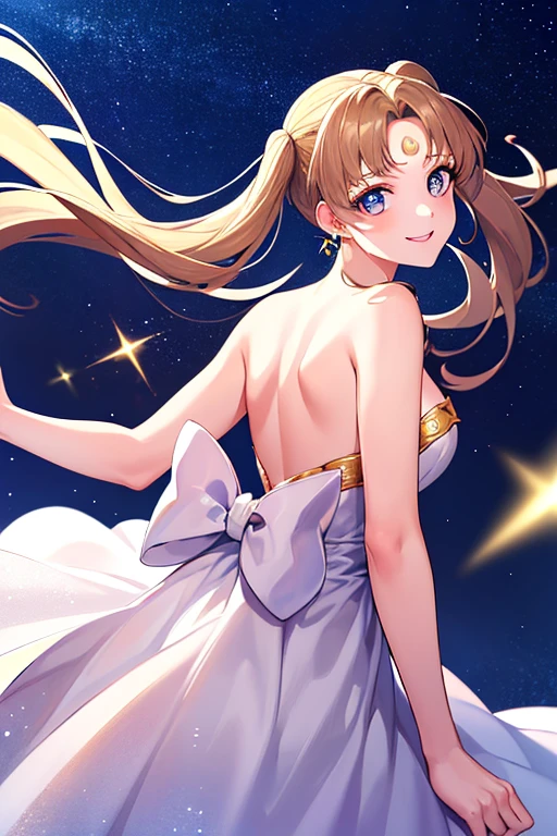 ((best quality)), ((highly detailed)), masterpiece, absurdres, (detailed eyes, deep eyes), (1girl), dynamic pose,  long dark brown hair (to her back), smiling, Princess_white_strapless_dress_huge_back_bow_Golden_crescent_forehead_mark, (at a floating island, midnight, night sky, stars, moonlight, shooting star)