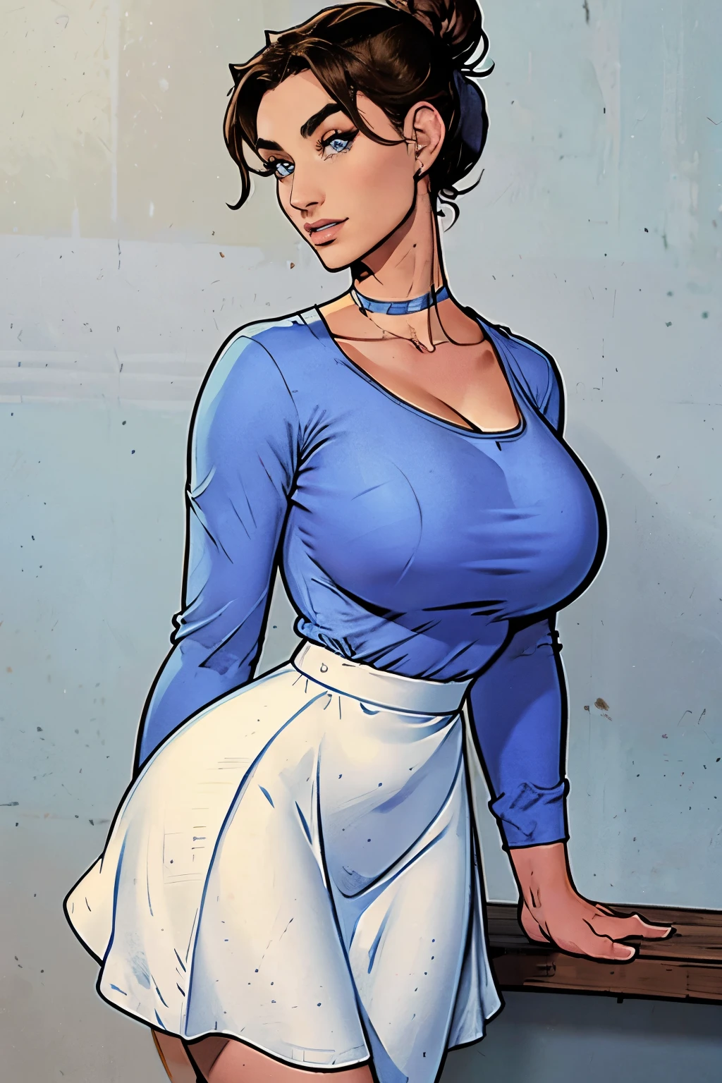 Gorgeous and sultry busty athletic (happy) brunette with sharp facial features, athletic bun, large breasts and a (large nose) wearing a loose light blue top, low-cut wide neck, loose sleeves, white skirt