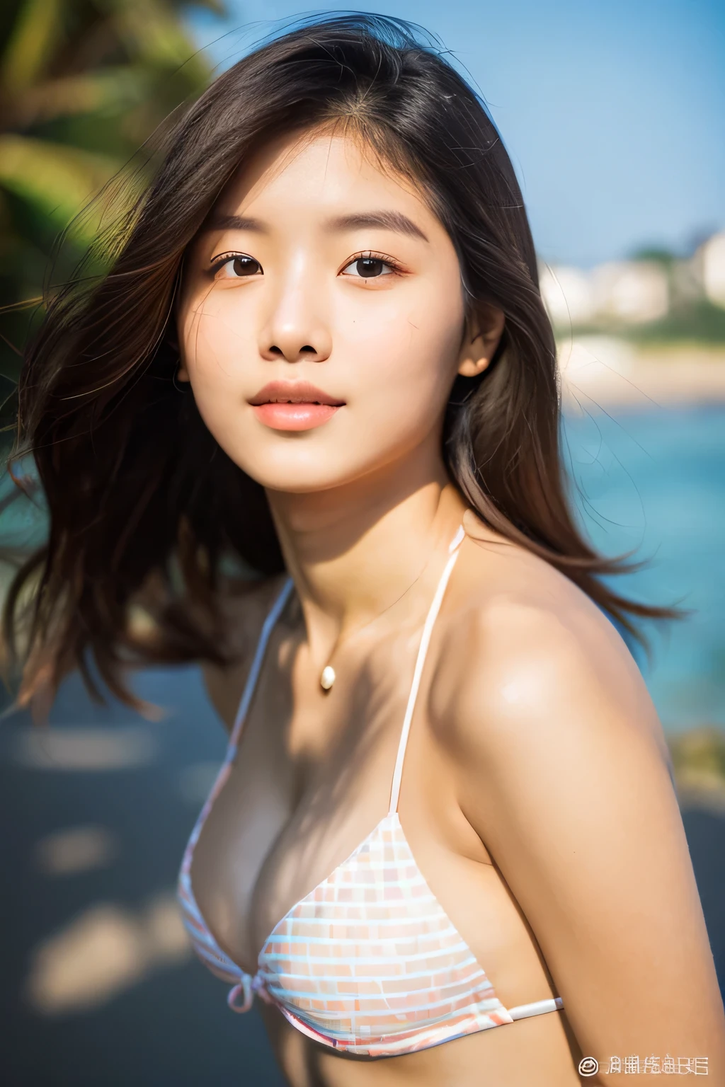 (best quality), master piece, (50mm lens, f/5.6) , (Bright light:1.2), (Improvement of quality:1.4), Japanese, 1 girl, 18-year-old girl, well rounded:1.3, cute, ((plump lips:1.4,plump chin:1.3, plump cheeks)) , (Enhances the body line:1.0), (Enhances the beauty of skin texture:1.1), bikini : slingshot, full body, beach, shore