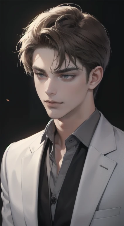 masterpiece, best quality, realistic, 1man, mature male, quiet and charming young man, 25 years old, close his eyes, serious look, extremely detailed face, smirk, ((dark grey eyes)), ((short-right-swept dark brown hair)), [thick eyebrows], detective, Black background, ((suit)), cinematic lighting