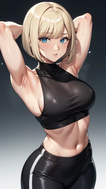 (public gym)、Super detailed illustrations、Super precise expression、masterpiece、highest quality、ultra high resolution、high resolution、(Sweat、body fluid)、shiny skin、blonde hair、bob cut hair、black croptop turtleneck、sleeveless、Standing picture、hot pants、put hands behind head, armpits, armpits visible, sweaty armpits, small breasts