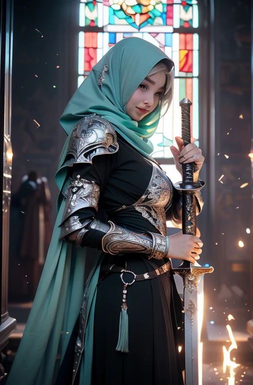 (Official Art、highest quality、Unity 8K Wallpaper、32k、masterpiece、Ultra-detailed、超A high resolution、Realistic、Photorealistic:1.2)、(Cinema Lighting:1.2)、Fire Glow Effect、Film Grain、Best Shadow、Rim Light、Side light、Side Shot、(Highly detailed and intricate 3D rendering)、細部までBeautiful Faceと目、Sharp pupils、Fantasyな女性、、Aroused expression、Sensual、One Woman、Super huge breasts、(Half Body:1.2)、 Beautiful Face、Beautiful 20 year old woman、(Highly detailed skin、Detailed skin texture:1.3)、(Silver Blonde、Blue-silver hair:1.3)、Paladin、Long Hair、Redhead、Blunt bangs、blue eyes、3 braids per bundle、(Blue Armor、Blue Boots、Blue Helmet、Jeweled、Gold embroidery)、Slender、Maxi Skirt、(Thighs Thighs Thighs Thighs:0.8)、(cheese、in house、Artistic stained glass、Hello Point、Mysterious、Particles of light、Solemn、Nikko is、colorful、Fantasy:1.2)、(Fantasy:1.3)、(Carrying a long black sword:1.3)、(avert your eyes、Looking into the distance:1.3)、Fantasy、A kind smile、I opened my mouth a little、Blushing , ((Wearing a green hijab)) 