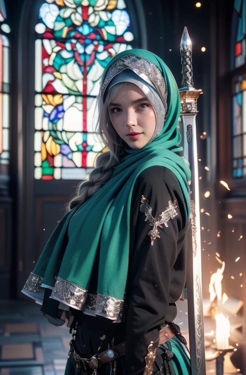 (Official Art、highest quality、Unity 8K Wallpaper、32k、masterpiece、Ultra-detailed、超A high resolution、Realistic、Photorealistic:1.2)、(Cinema Lighting:1.2)、Fire Glow Effect、Film Grain、Best Shadow、Rim Light、Side light、Side Shot、(Highly detailed and intricate 3D rendering)、細部までBeautiful Faceと目、Sharp pupils、Fantasyな女性、、Aroused expression、Sensual、One Woman、Super huge breasts、(Half Body:1.2)、 Beautiful Face、Beautiful 20 year old woman、(Highly detailed skin、Detailed skin texture:1.3)、(Silver Blonde、Blue-silver hair:1.3)、Paladin、Long Hair、Redhead、Blunt bangs、blue eyes、3 braids per bundle、(Blue Armor、Blue Boots、Blue Helmet、Jeweled、Gold embroidery)、Slender、Maxi Skirt、(Thighs Thighs Thighs Thighs:0.8)、(cheese、in house、Artistic stained glass、Hello Point、Mysterious、Particles of light、Solemn、Nikko is、colorful、Fantasy:1.2)、(Fantasy:1.3)、(Carrying a long black sword:1.3)、(avert your eyes、Looking into the distance:1.3)、Fantasy、A kind smile、I opened my mouth a little、Blushing , ((Wearing a green hijab))